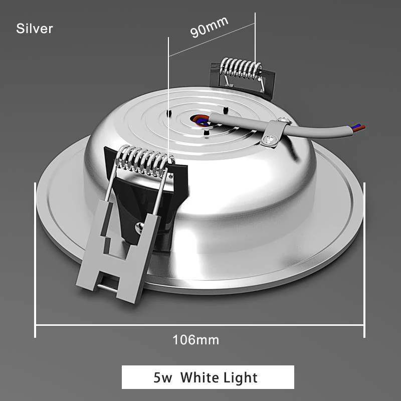 Silver 90mm 5w Светодиодный светильник, точечный светильник, 110 В, 220 В, 230 В, 240 в, светодиодный потолочный круглый встраиваемый светильник для гостиной, спальни, офиса, с регулируемой яркостью - Испускаемый цвет: Silver 90mm 5w