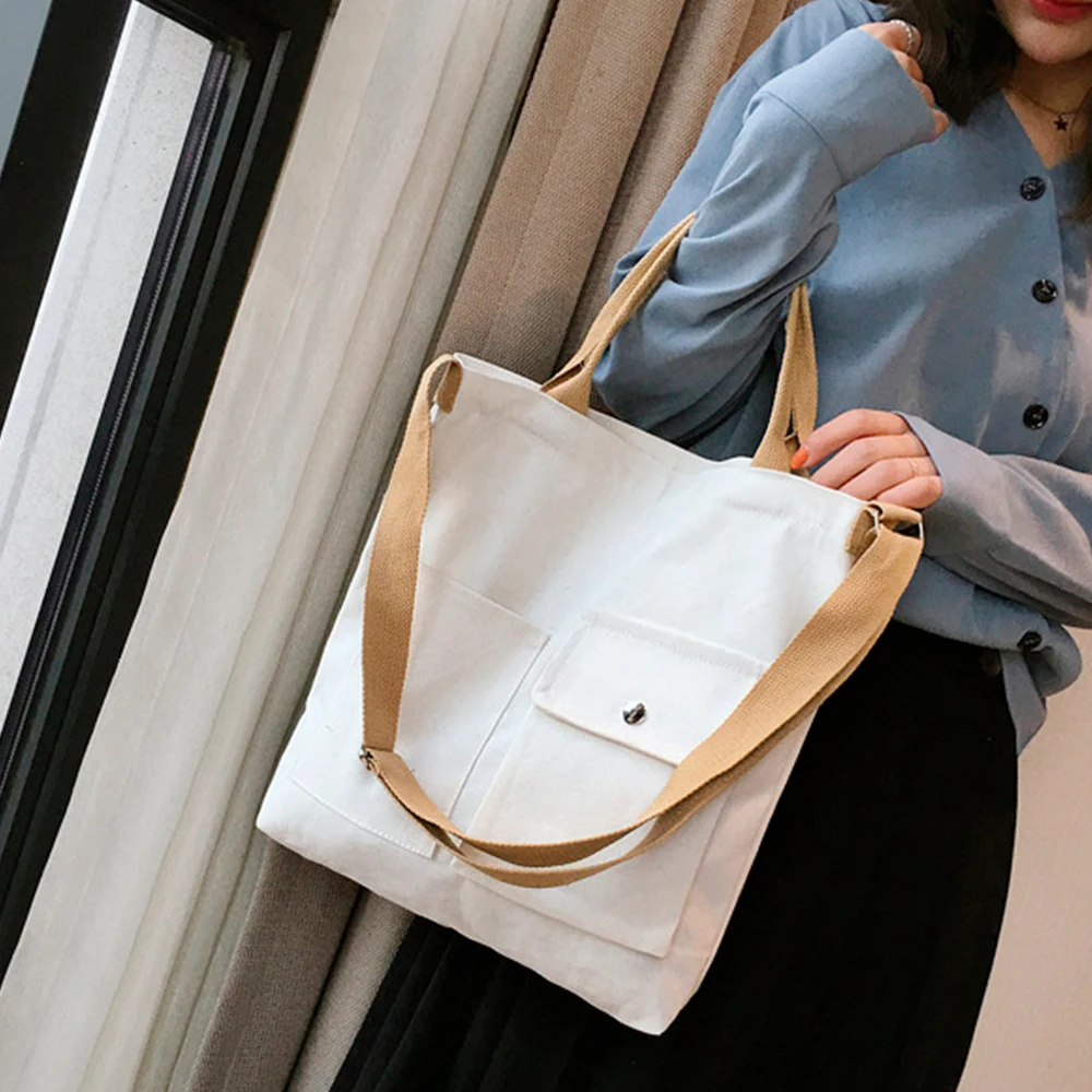 

B02038 Preppy Style Casual Canvas Bag Women Handbags All Match Solid Color Girls Shopping Bag Totes School Shoulder Bags