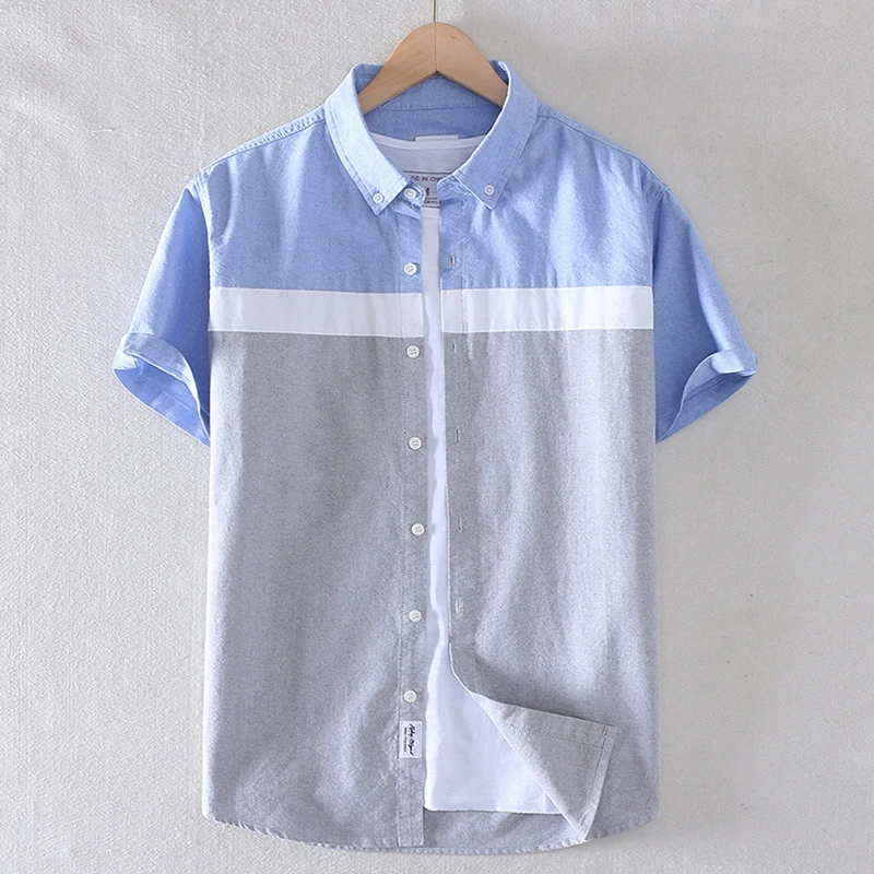 Cotton shirt men summer oxford short-sleeved smart casual slim patchwork turn-down collar