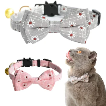 

Cat Collar with Bells Breakaway Bow Tie Flower Pattern Floral Bow Adjustable Safety Kitten Collars For Pets Kitty Cats Puppy