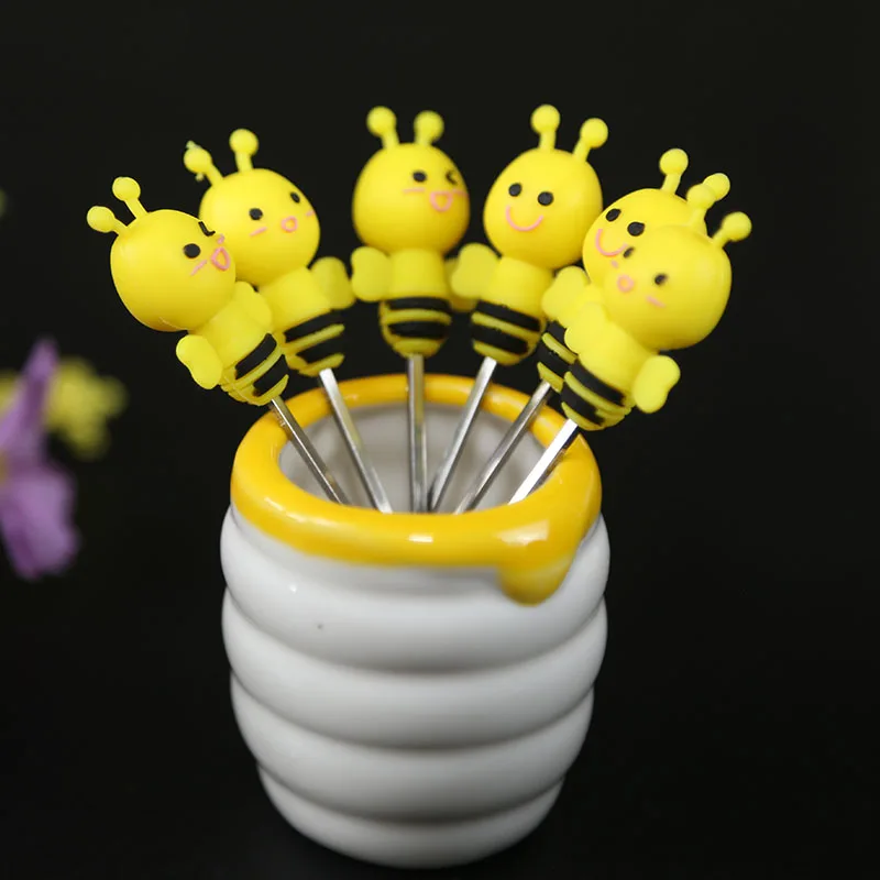 

Silicone Bee Fruit Fork Cute Stainless Steel Creative Fruit Sign Set Ceramic Base Children's Household Kitchen Utensils