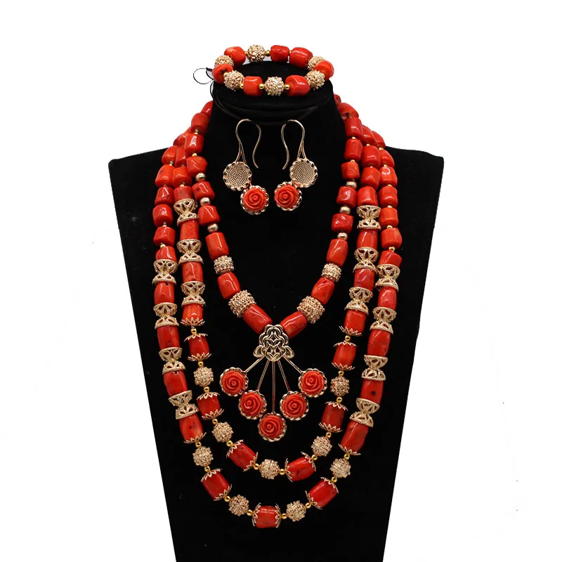 Original Coral Beads Flower Pendant Necklace Bracelet Earrings Set