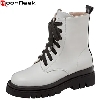 

MoonMeek 2021 New arrival women boots genuine leather boots fashion lace up comfortable ankle boots for woman black white