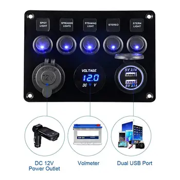 

Universal 5 Gang LED Rocker Switch Panel Waterproof Marine Boat Circuit Digital Voltmeter Dual USB Port 12V Outlet for BMW E46