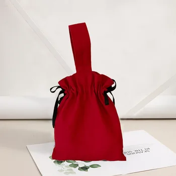 

Korean hand bag women's handle Korean cotton canvas simple fold drawstring beam pocket red mini mobile phone bag