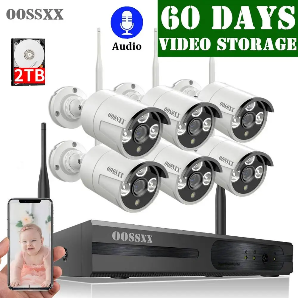 OOSSXX 8CH Wireless 1080P NVR Security Camera System 6pcs Audio Record HD Outdoor CCTV IP67 Video Surveill | Безопасность и защита