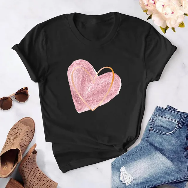 Heart flower print ladies T-shirt ladies casual basis O-collar white shirt short sleeve ladies T-shirt love graphic printing CT-Black-753