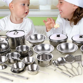 

18pcs Play Pots Pans Set for Kids Kitchen Playset Pretend Cookware Mini Stainless Steel Cooking Utensils Development Toys Ages