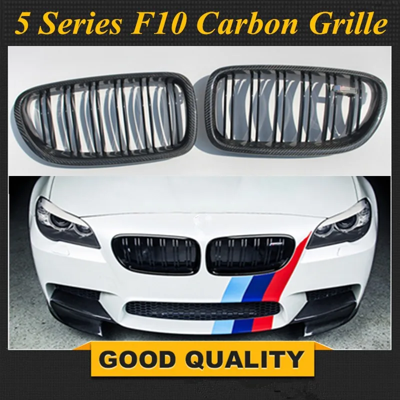 cheap 1 Pair 5 Series F10 Glossy Black Dual Carbon Slat M5 Style Front Kidney Grille Grill For BMW F10 520i 523i 525i 530i 535i 2010+