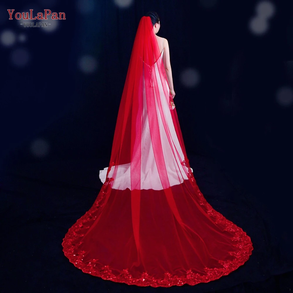 YouLaPan V86 Wedding Bridal Veils Red Crystal Beaded Red Cathedral Wedding Veil with Sequins Veil with Glitter Red Veil