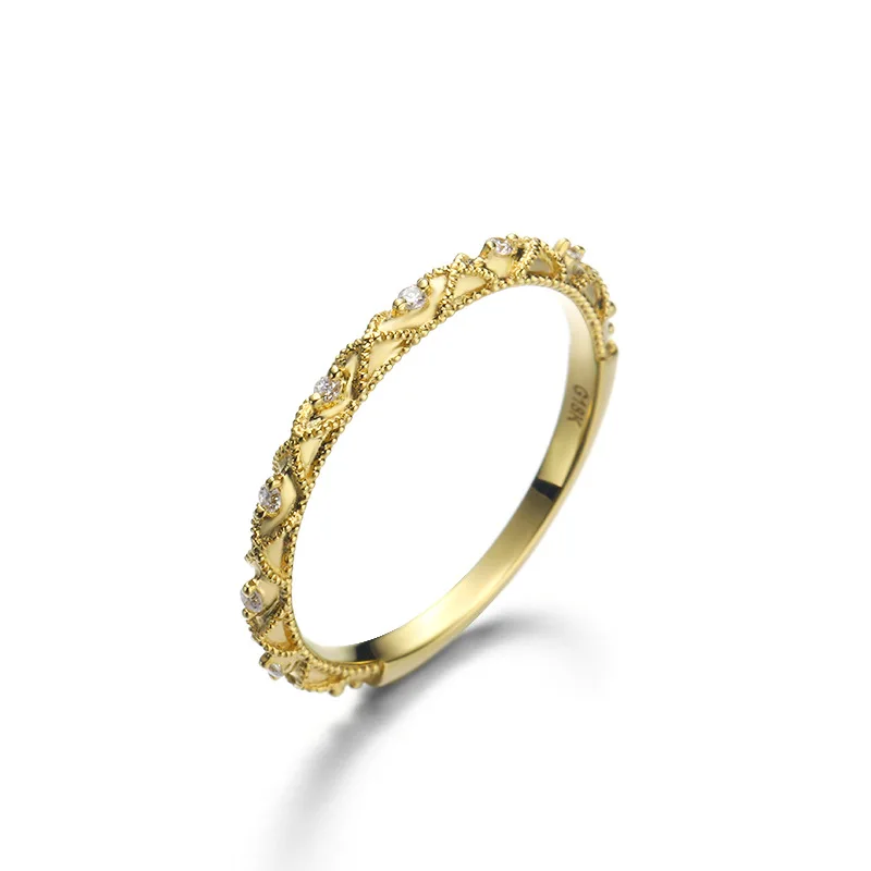 

Luxury Baroque 14K Real True Solid Genuine Gold Crystal Engrave Stackable Ring Bands for Women Girl Retro Upscale Office Jewelry