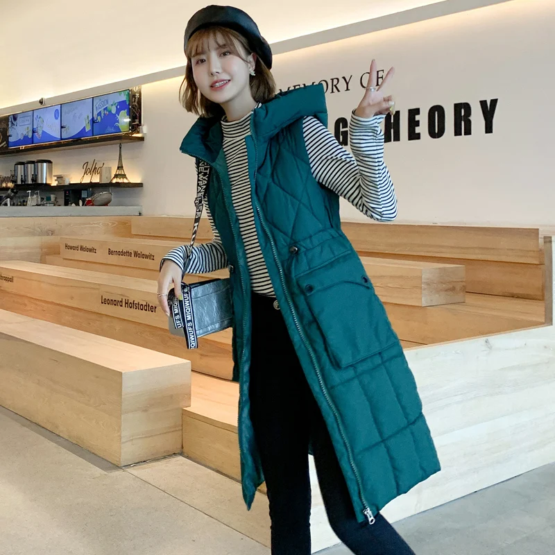 Женское зимнее длинное пальто Корейская мода сплошной средней длины без рукавов жилет женский жилет свободная повседневная куртка женская одежда плюс размер - Цвет: green
