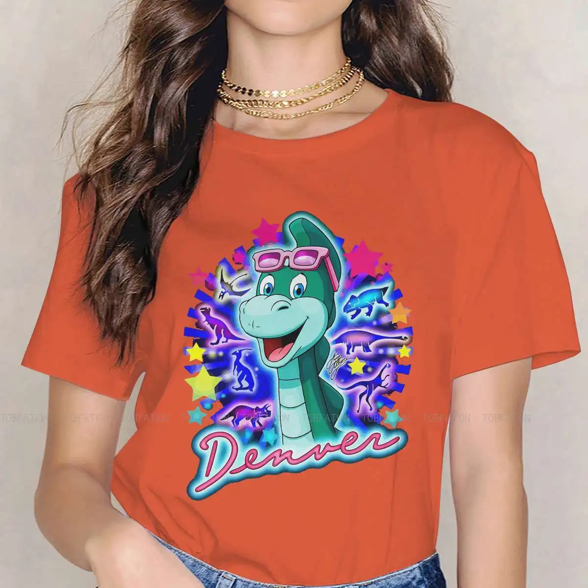 thumbnail image 1 of Camiseta de cuello redondo de neón Denver el último dinosaurio Jeremy dibujos animados tela camiseta básica ropa de niña nuevo diseño mullido oferta especial, 1 of 5