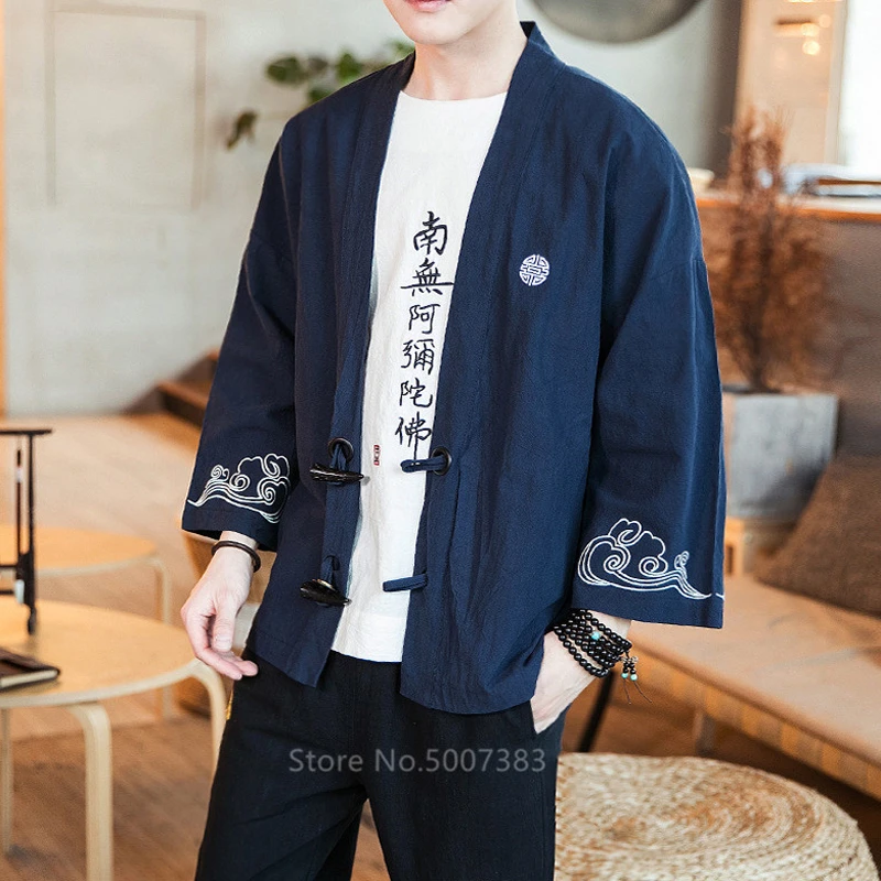 Haori Emboridery мужской костюм самурая японский стиль Harajuku модное пальто льняное кимоно кардиган осень весна женская куртка - Цвет: Navy