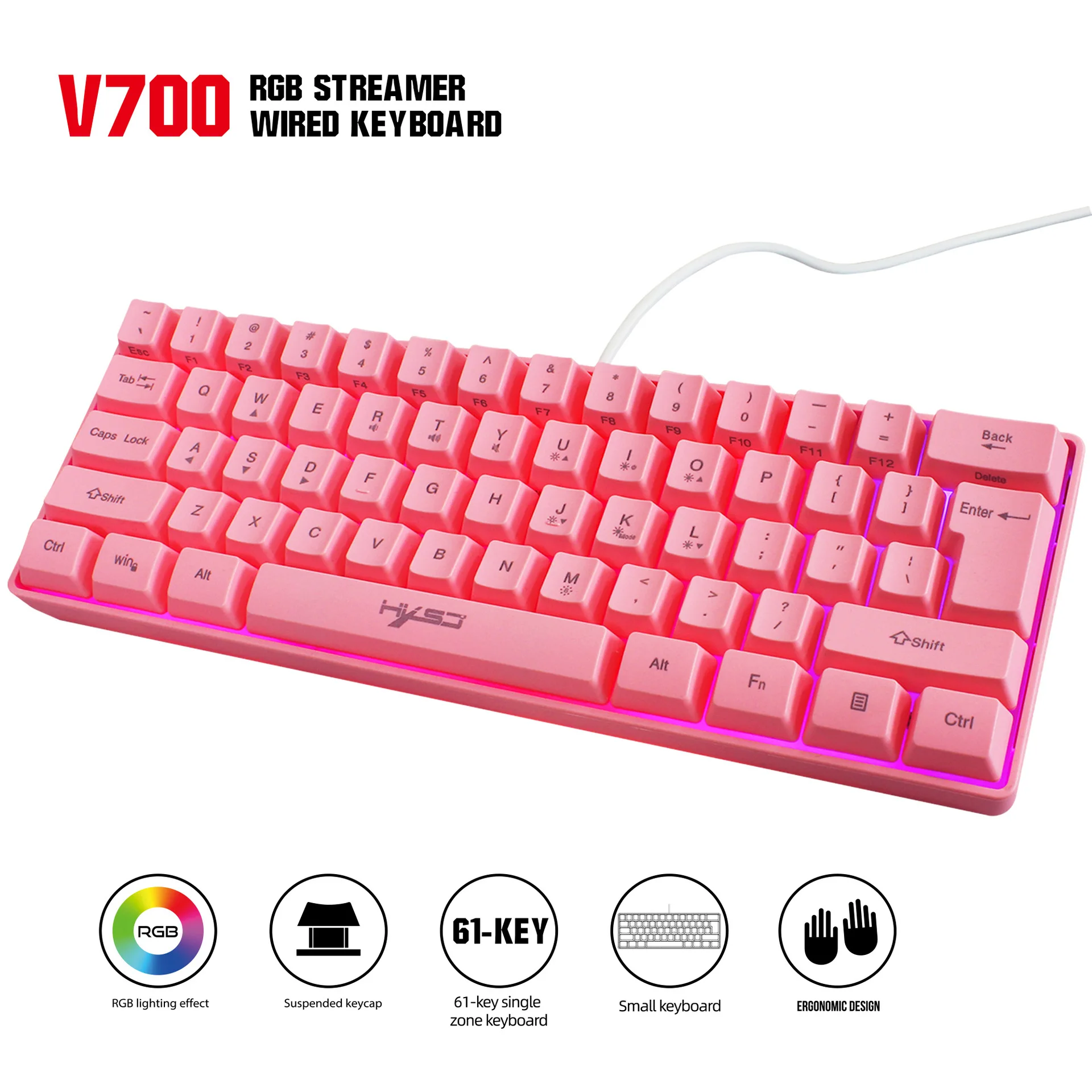 Teclado Gamer V700 Com Fio, Rgb, 61 Teclas, Material Abs.