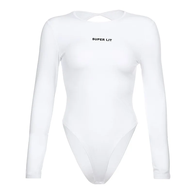 Letter Print Long Sleeve Bodysuit Women Bodycon Casual White Bodysuits Spring Autumn Basic Rompers - Color: White