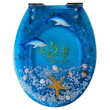 

Art Close Resin Toilet Seat with Cover, 3D Effects Heavy Duty Toilet Lid with Dolphin, Starfish, Real Seashells and Sand S Type