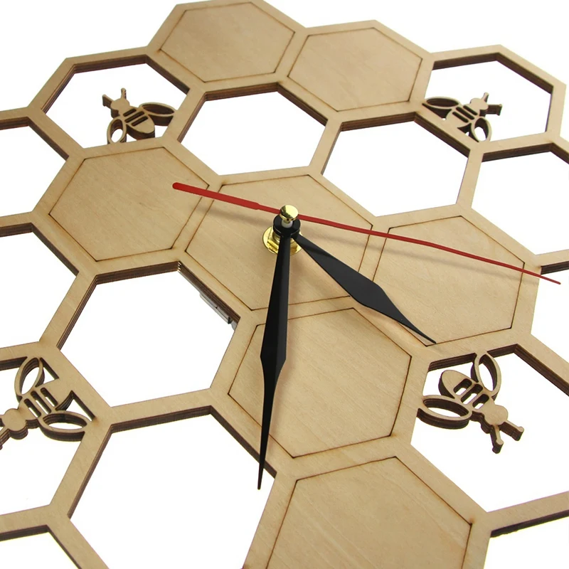 New-Cut Wood Clock Honey Bee on Honey Comb Hexagon Nature Watch Wall Clock Geometric Kitchen Art Decor