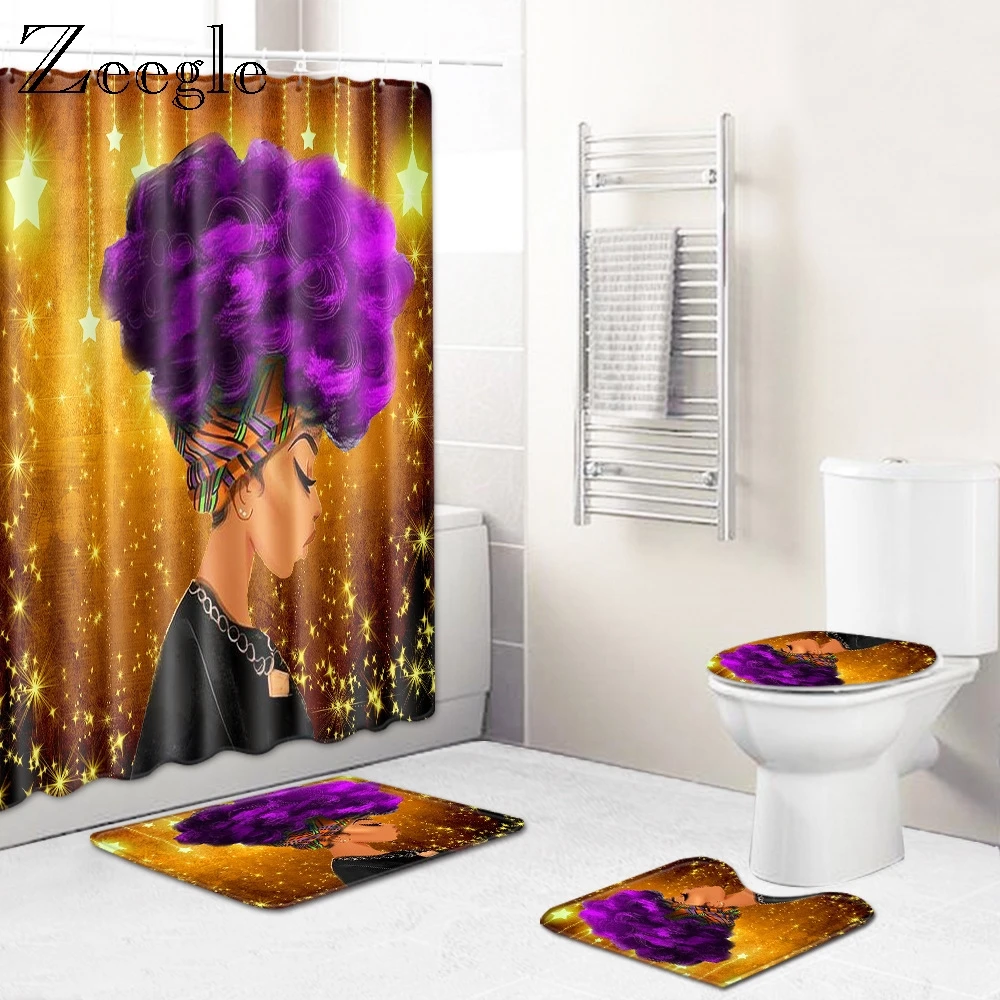 Zeegle Toilet Shower Curtain Set Creative Cartoon Anti-slip Bathroom Foot Rug Bathroom Decoration Floor Mat Water Absorption Rug