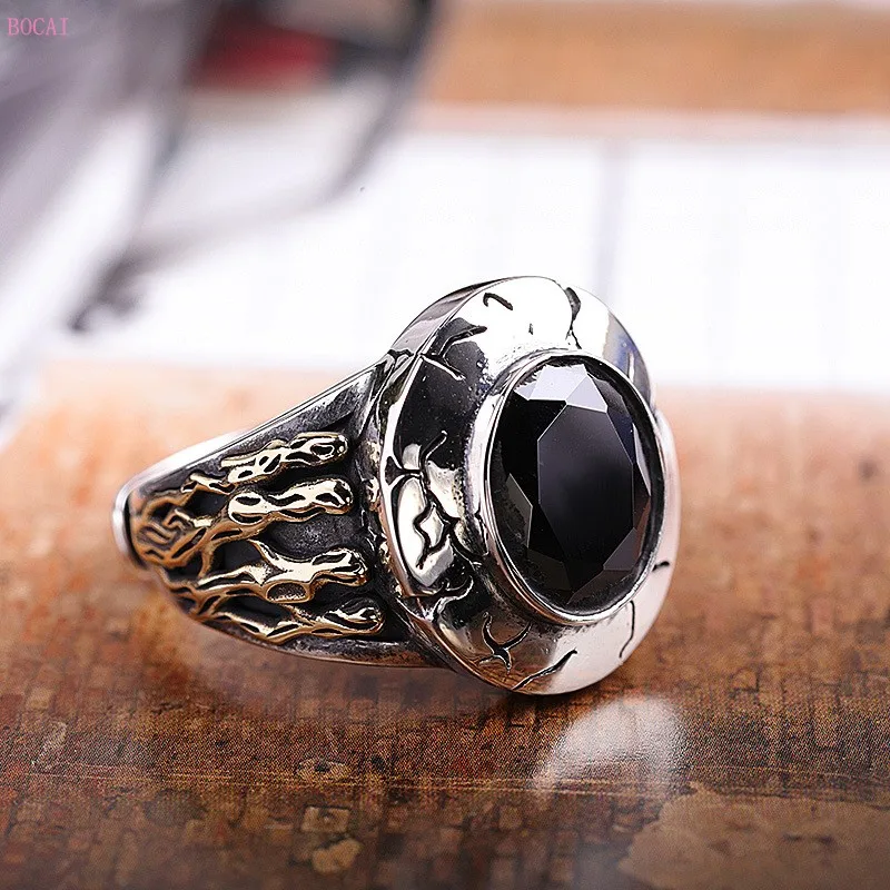 Новая мода S925 стерлингового серебра ювелирные изделия ручной орнамент черный натуральный камень Прохладный ретро мужские кольца для мужчин