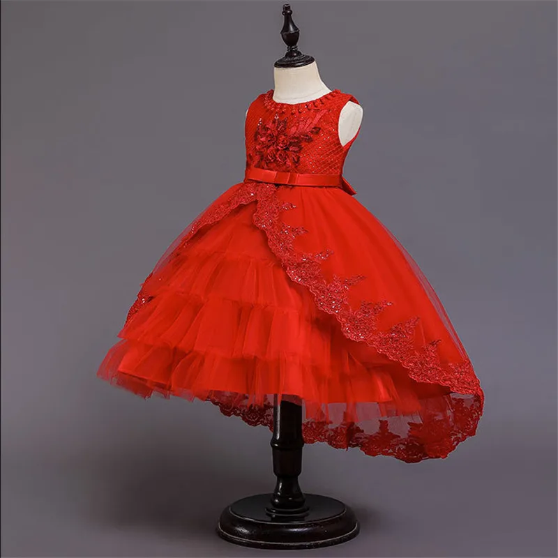 Рождественское весеннее праздничное красное платье для девочек; милое Кружевное платье-пачка с цветочным рисунком; нарядное платье принцессы для девочек; одежда для сцены; K2-M001
