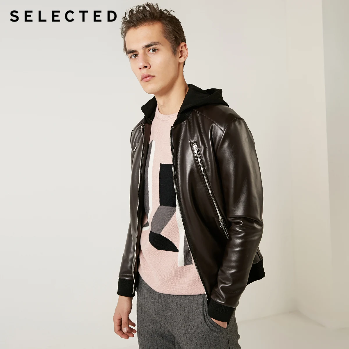SELECTED Men's Regular Fit Coat Detachable Hood Zipper PU Leather Jacket S | 4191P3515 - Цвет: RED WINE