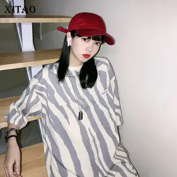 

XITAO Striped Women Fashion New T Shirt Full Half Sleeve Patchwork Small Fresh O Neck Elegant 2020 Spring Loose Tee Top DMY2888