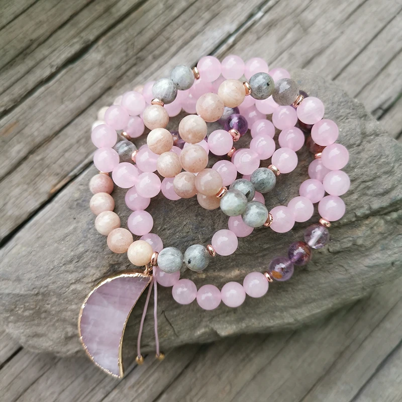 8mm Stone Beads,Labradorite,Quartz,Moon,JapaMala Sets,Spiritual Jewelry,Meditation,Inspirational,108 Mala Beads