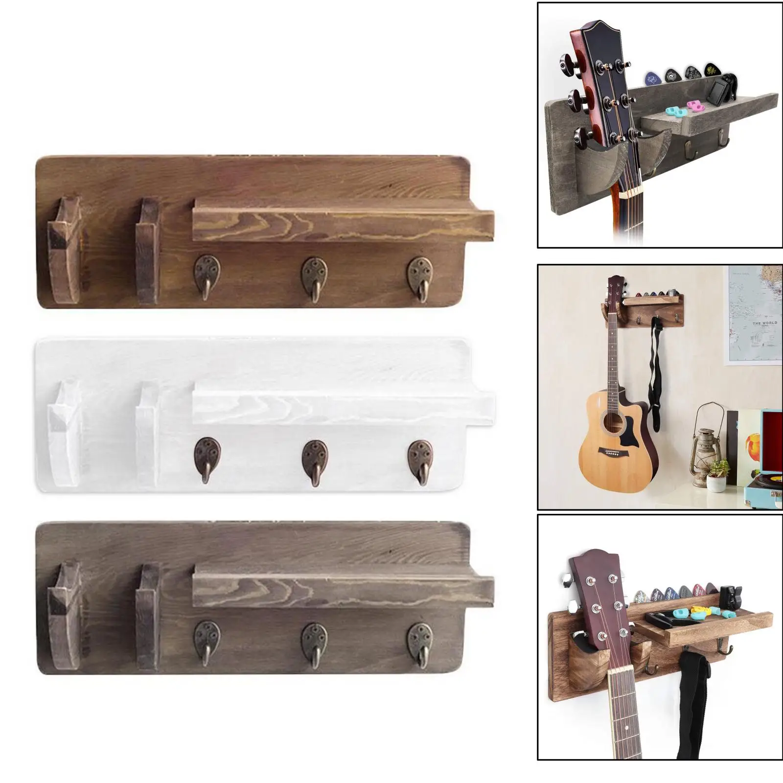 

Guitar Holder Rustic Wall Mount Guitar Hanger Display Bracket Shelf Stand w/ 3 Hook for Acoustic Electric Guitar Ukulele Bass