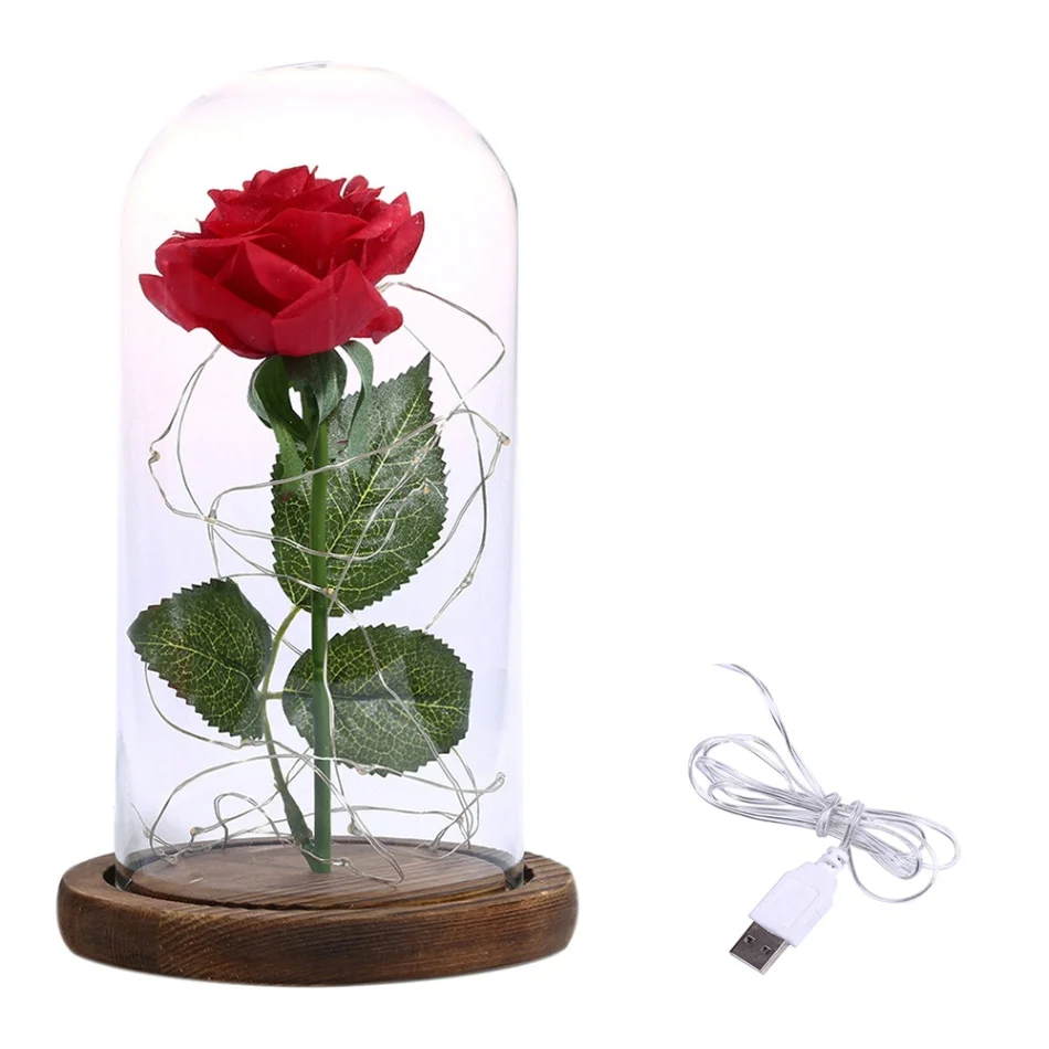 New USB LED Night Light Romantic Simulation Rose Flower with Glass Cover LED Night Light Festival Birthday Romantic Gift - Цвет: Brown Base
