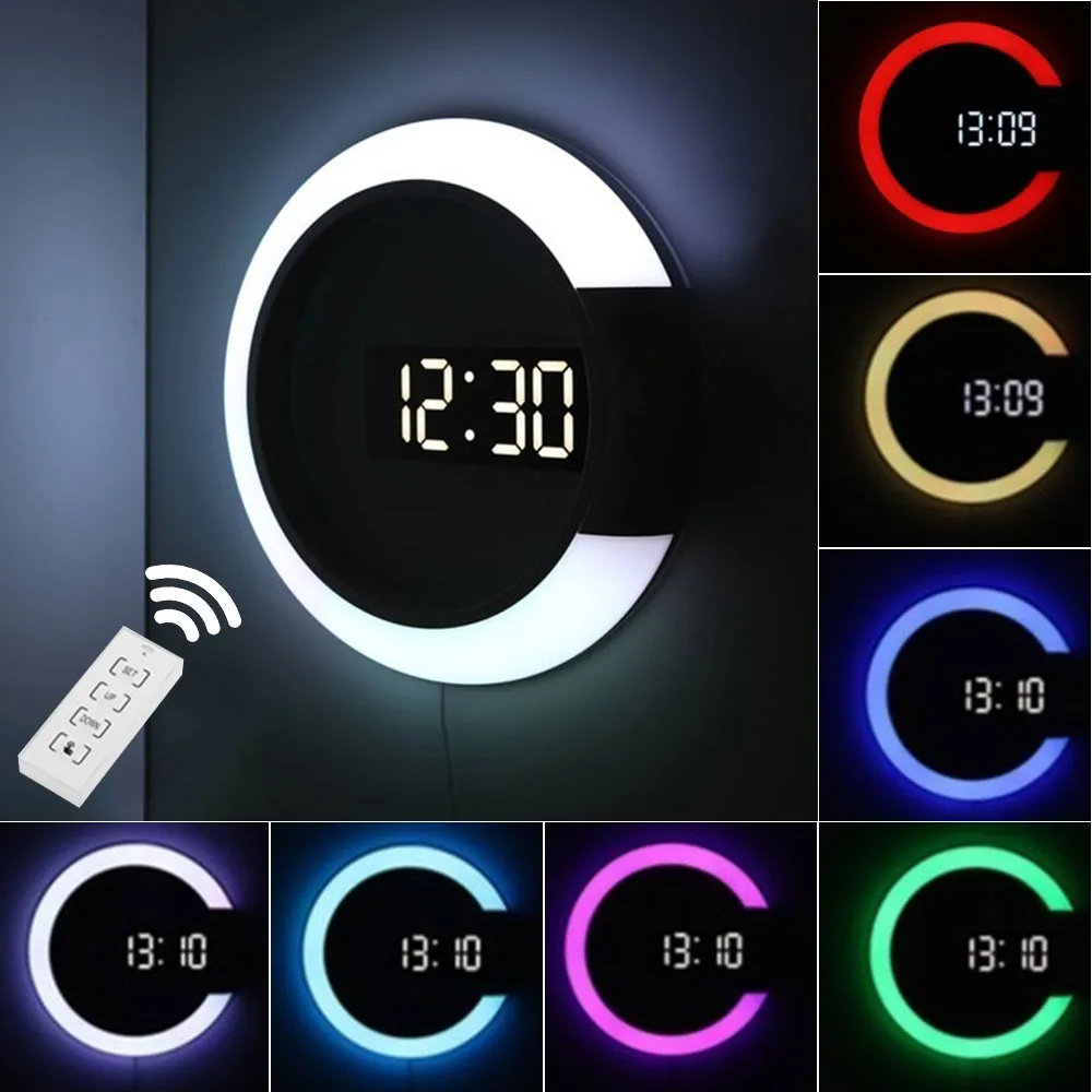New Wall Lamp Colock Thermometer Remote Control Colorful LED Mirror Hollow Clock Ring Light Digital Alarm | Дом и сад