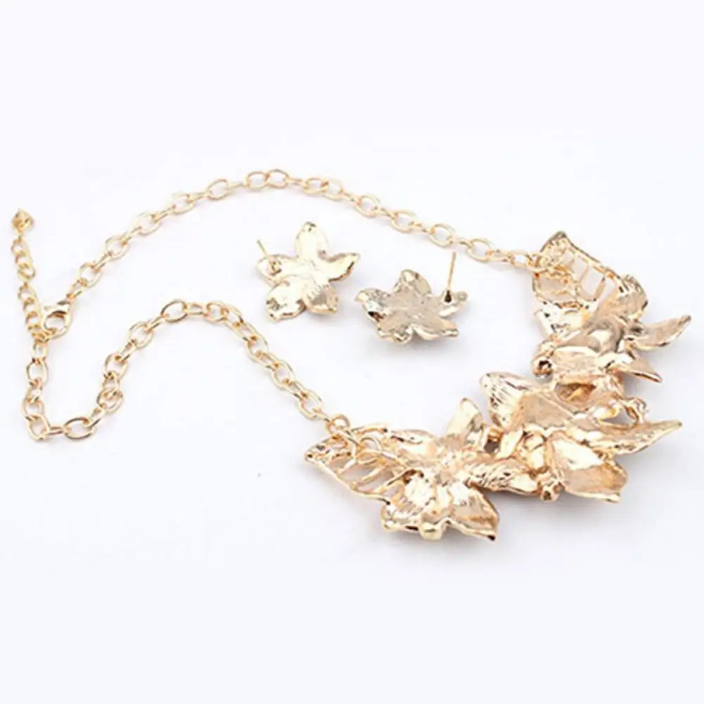 Fashion Women Rhinestone Flower Statement Pendant Necklace Earrings Jewelry Set
