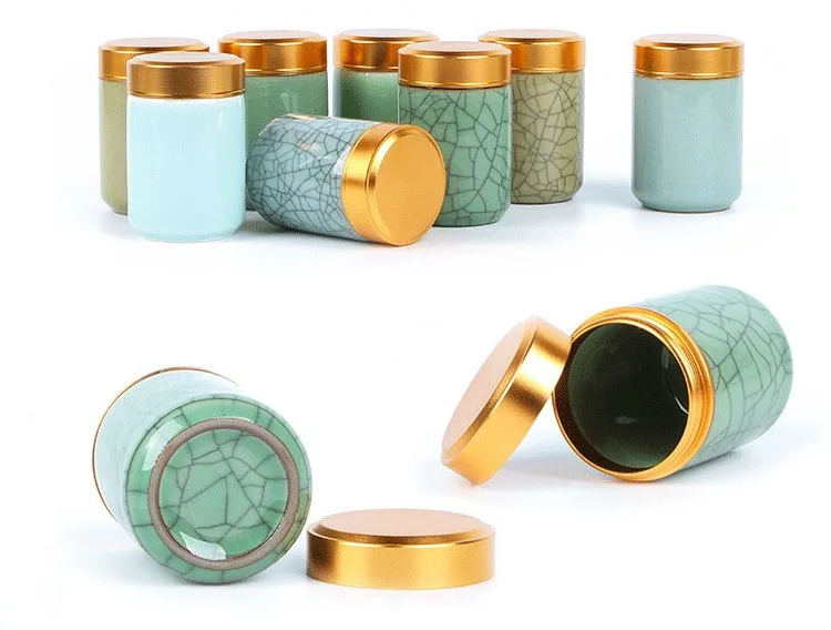 Mini Tea Ceramic Storage Jars Celadon Metal Lid Sealed Cylindrical Container for Storing Tea, Grains, Dry Goods, Candy, Etc._voghion.com