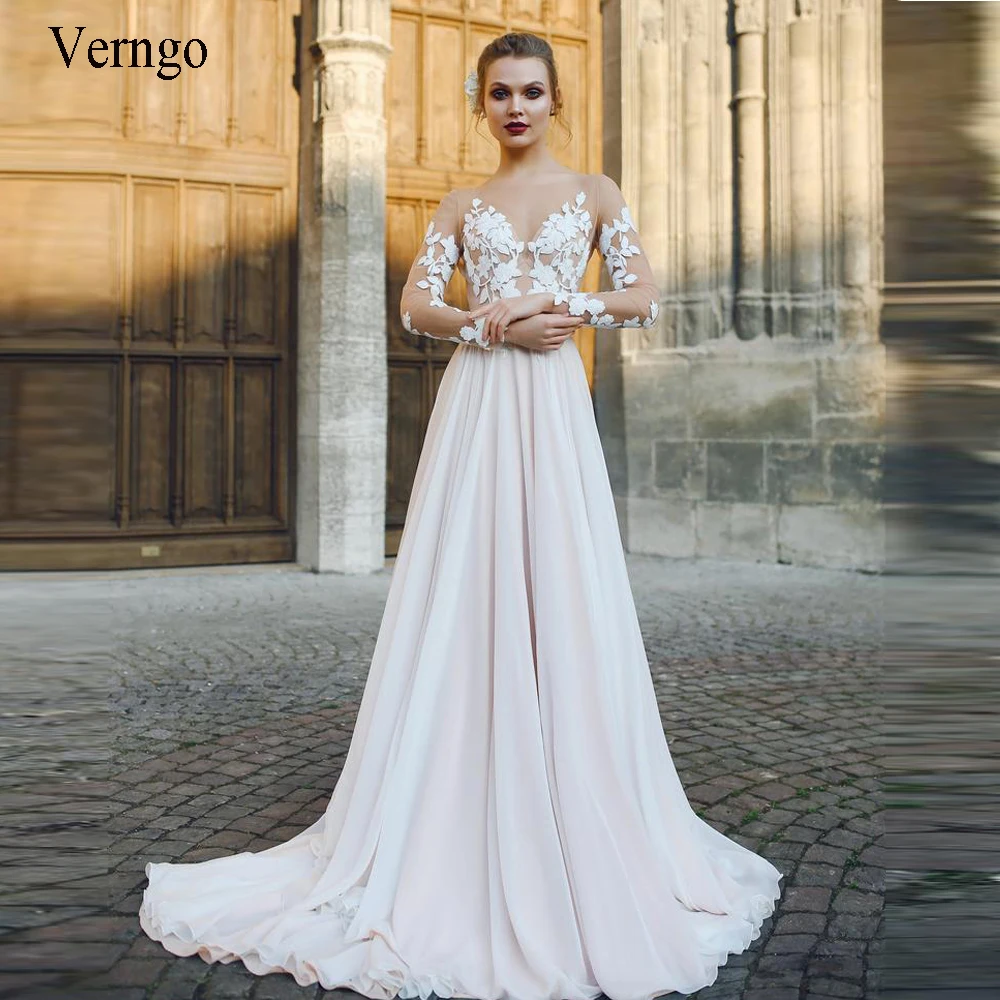 

Verngo 2021 Simple A-line Chiffon Wedding Dress Long Sleeves Lace Bride Gowns Backless Stylish Beach Wedding Gown Plus Size