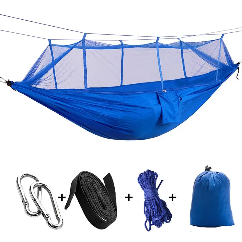 

Portable High Strength Parachute Fabric Camping Hammock Hanging Bed With Mosquito Net Sleeping Hammock Blue