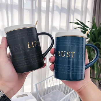 

Nordic Creative Letter Ceramic Cup Individual Coffee Mug with Lid Spoon 380ml Large Capacity Household Milk Cups and Juice Mugs