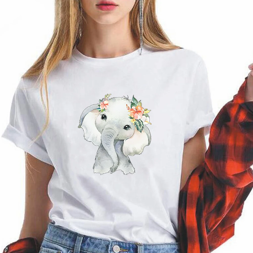 

Harajuku New Aesthetic Women T shirts Cute Little Elephant Printing Short sleeve Tops High Quality Loose Round Neck White Tshirt
