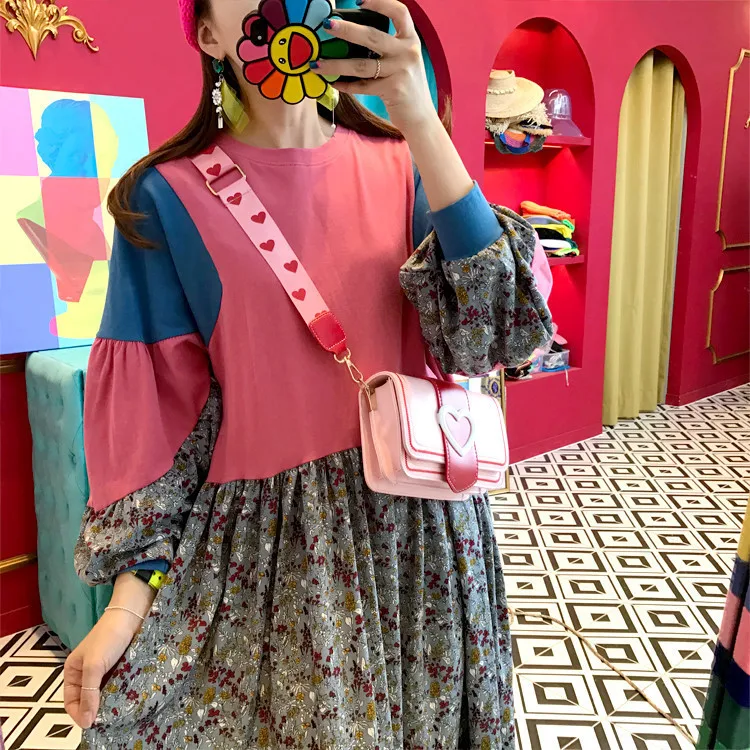 SHENGPALAE Новое весеннее лоскутное цветное свободное платье размера плюс vestidos с длинным рукавом и круглым воротником корейское модное женское платье FT136