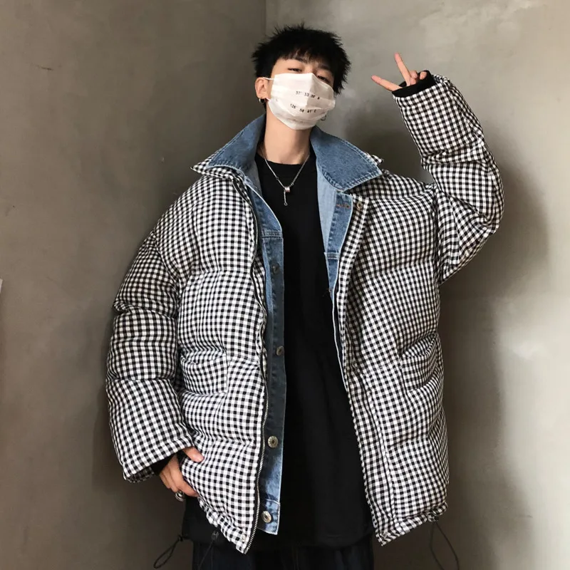 

Winter Jacket Men's Warm Thick Parka Men Fashion Fake Two-piece Cotton Coat Mens Wild Loose Plaid Coat Male Clothes Outwear