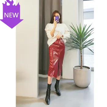 

Hentai Elegant Waist Slim Knee Length Office Lady Split Pack Hip 2020 Glossy Patent Leather PU Leather Skirt Women