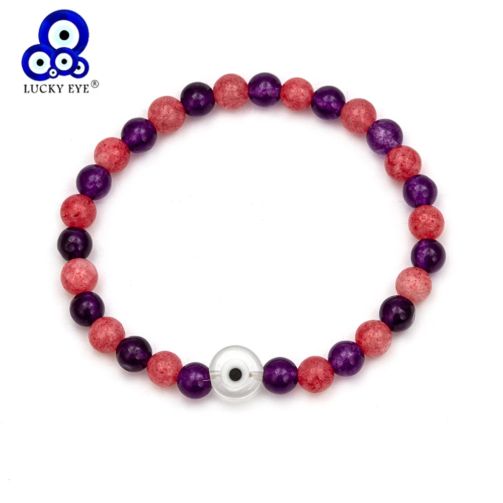 Lucky Eye камень бусины сглаза браслет розовый фиолетовый Strand браслет регулируемые ювелирные подарки ручной работы для женщин мужчин EY6438
