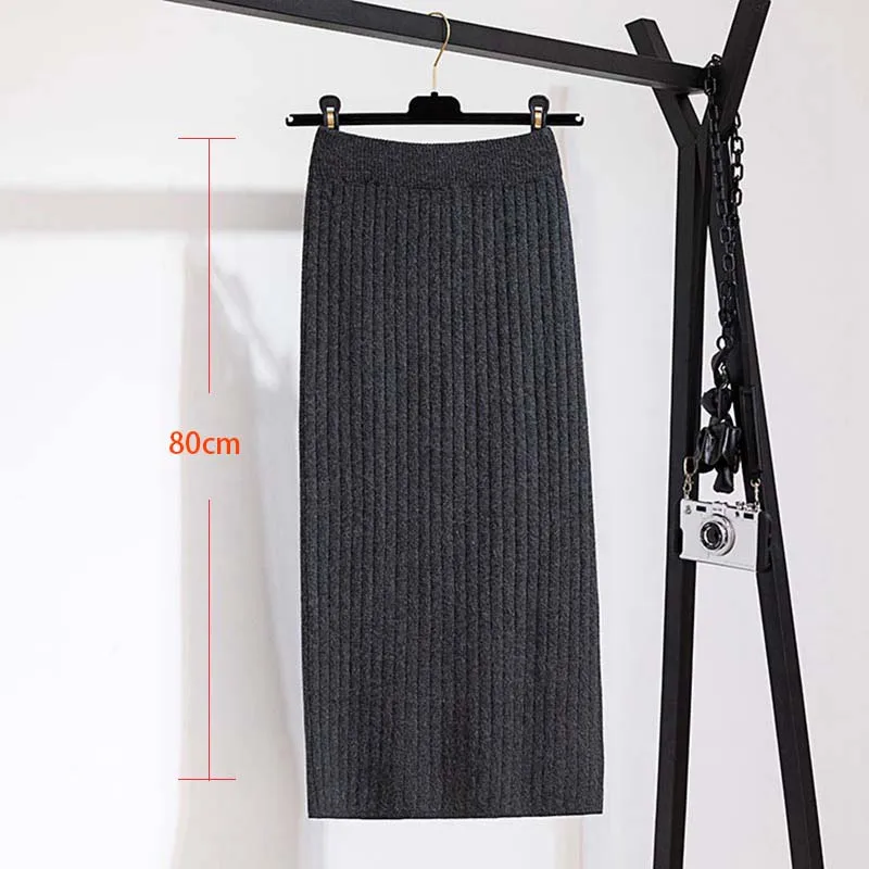 60-80 см эластичные женские юбки осень зима теплая трикотажная прямая юбка ребристая юбка средней длины черная - Цвет: 80cmgray