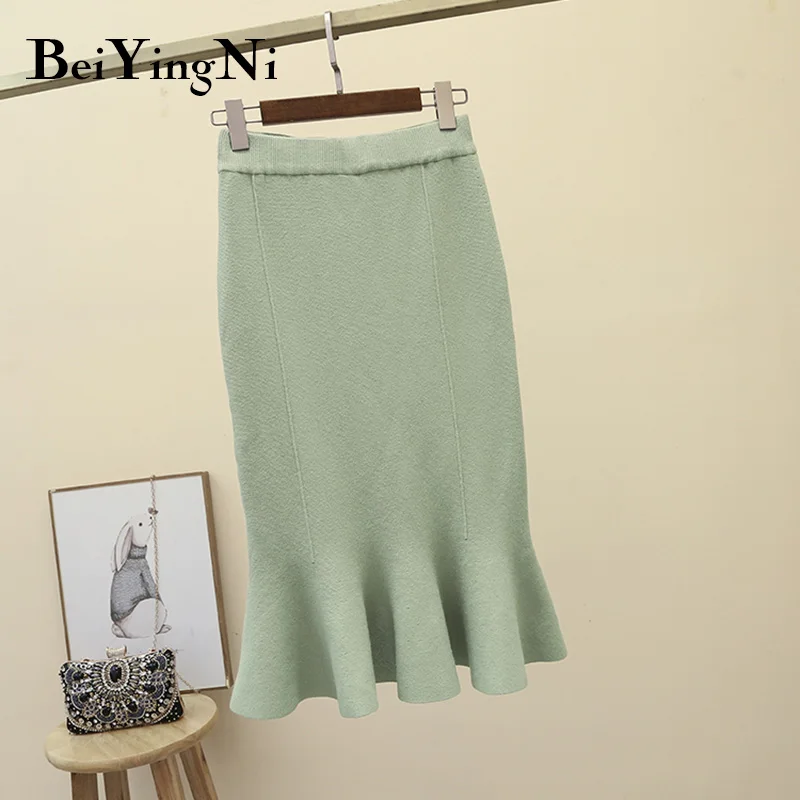 Beiyingni юбка-годе Женская осенне-зимняя облегающая Корейская миди юбка-карандаш Женская s Высокая талия винтажная уличная офисная Saia Faldas - Цвет: Зеленый