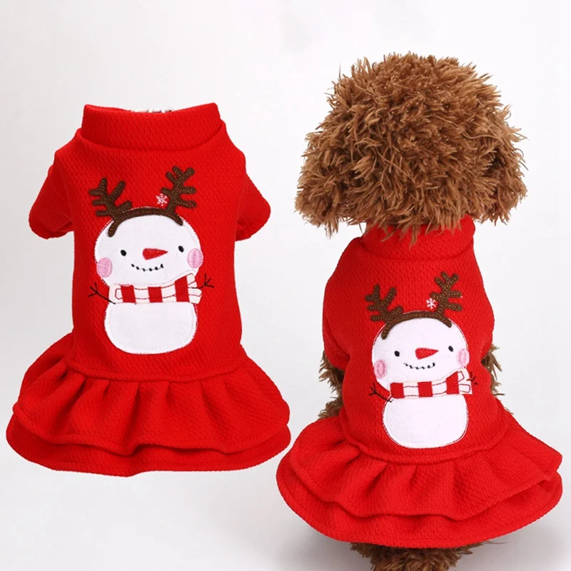 Красный Рождественский Рисунок снеговика Одежда для собак платье принцессы рубашка наряд для щенка костюм кошка пальто для маленьких собак кошек Йоркширский