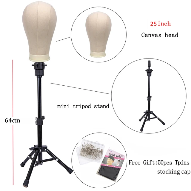 Alileader New 152Cm/64Cm Wig Stand Wig Tripod With Mannequin Canvas Block Head Adjustable Tripod Stand Wig Making kit TPins Gift 64cm stand 25in head