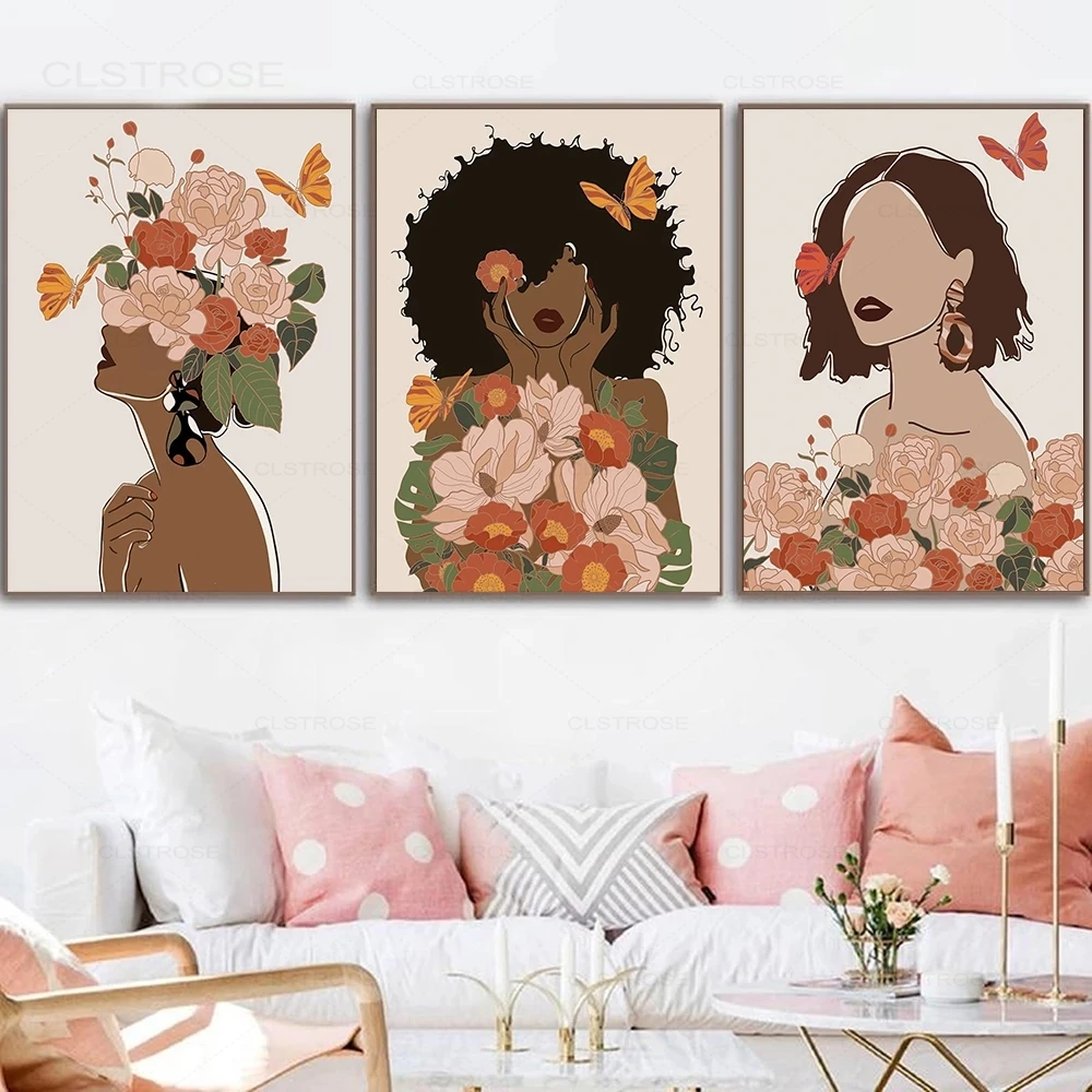 

Nordic Absract Figures Poster Flower Woman Head Black Skin Boho Canvas Painting Modern Home Decoration Bedroom Wall Art Pictures