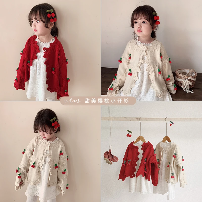 

Children Girl Cardigan Sweater 2019 Spring and Autumn New Baby Long Sleeve Cherry Fashion Knitted Cardigan Chilldren Coats