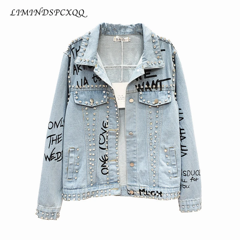 

Streetwear Women Denim Jacket Fashion diamonds Letter Jean Jacket Coat Loose Graffiti Harajuku Jackets jaqueta jeans feminina