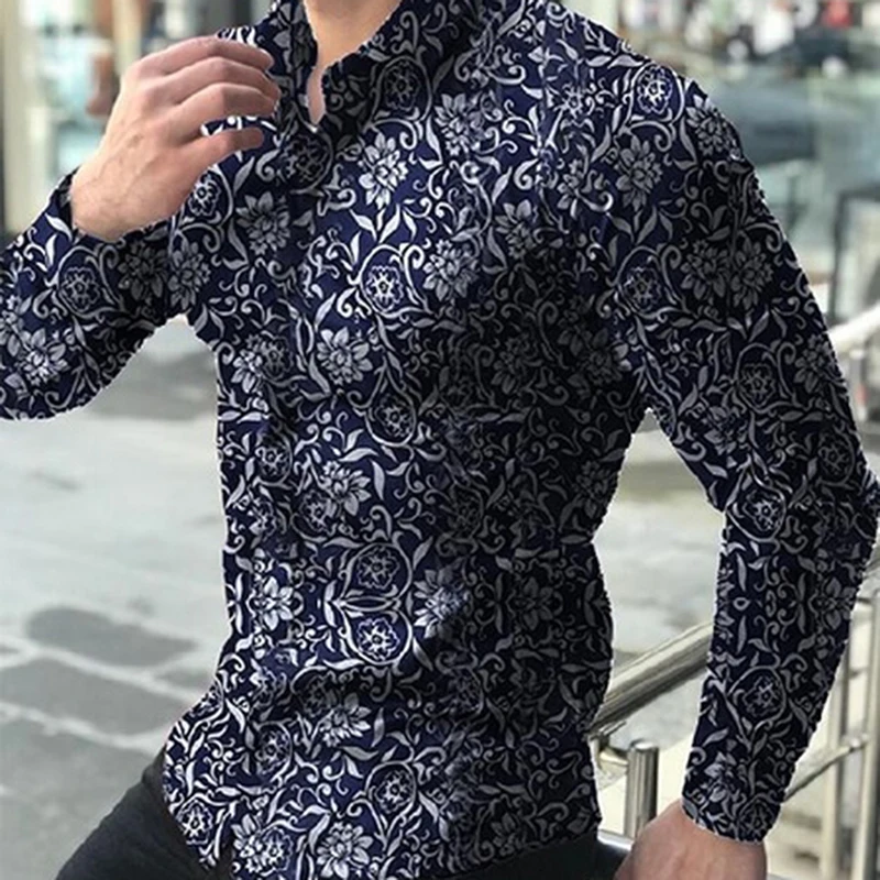 Camisas de moda para hombre, Camisa de manga larga con estampado Floral, vestido de otoño, con botones y cuello con solapas