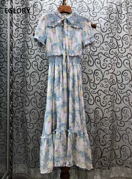 

High Quality New 2020 Summer Long Dress Women Bow Collar Elegant Flower Print Hand Made Beading Deco Short Sleeve Maxi Dress XL